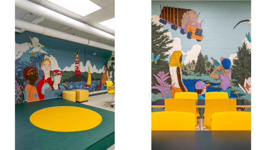 Deux murales ont été réalisées par Charlotte Beaudin et Simon Kémeid, d’Atelier Batard, situé à Saint-Jean-Port-Joli
